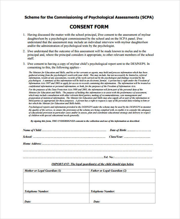 psychology assessment consent form