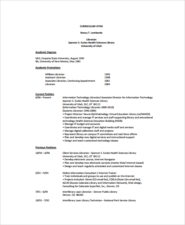 resume sample for librarian