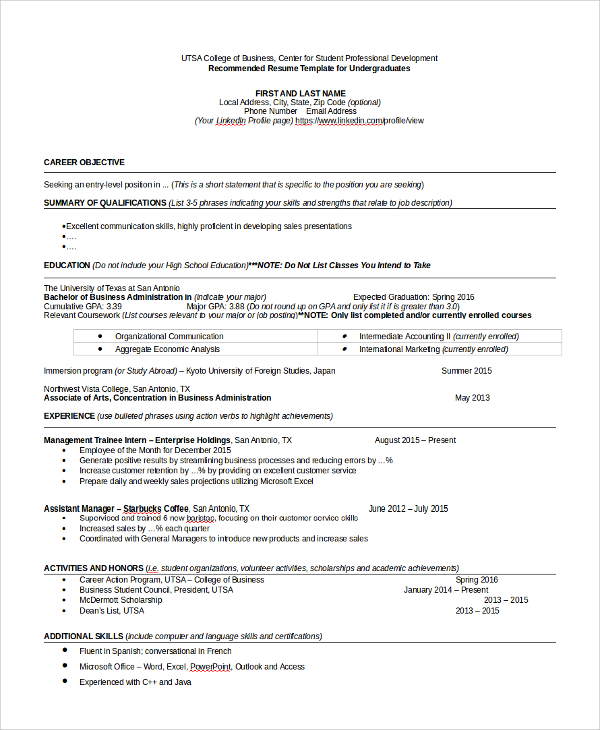 free 8 sample college graduate resume templates in ms