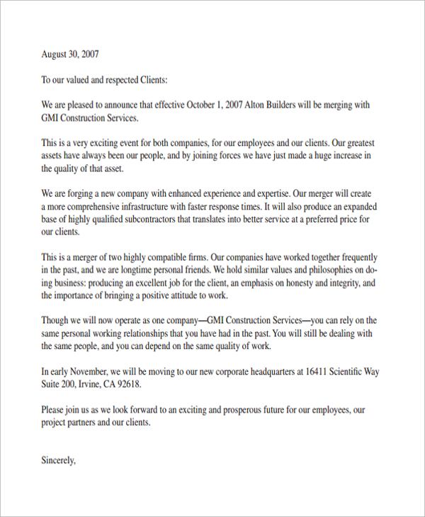 Merger Announcement Letter To Customers Infoupdate org