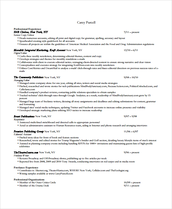 8+ Copy Editor Resume Templates | Sample Templates