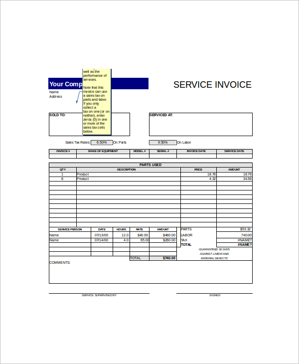 excel service invoice templates