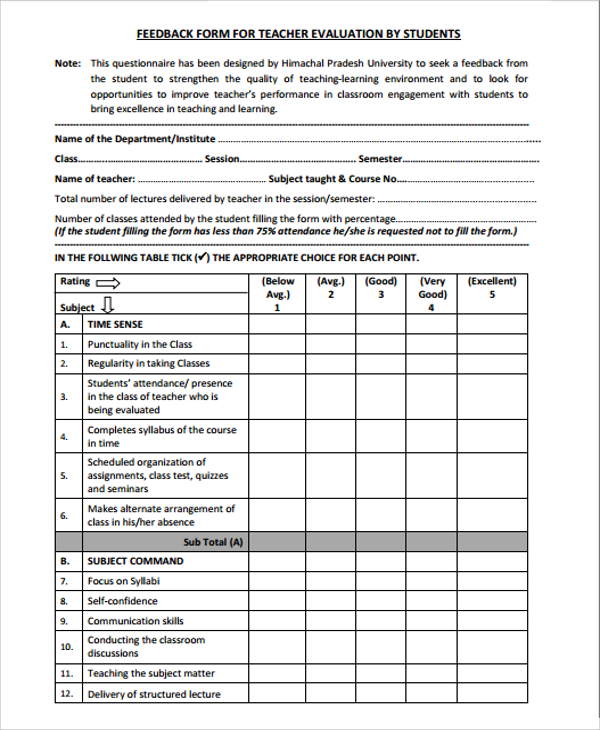 FREE 9 Sample Students Feedback Forms In PDF MS Word