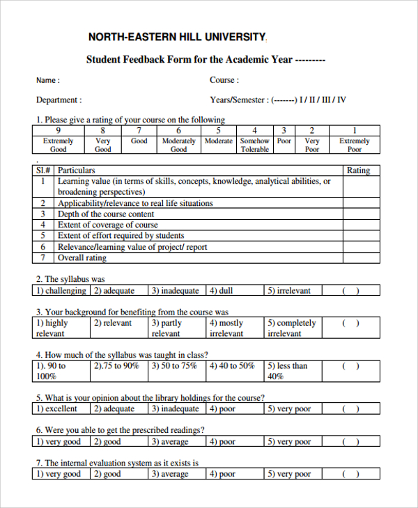 academic students feedback form