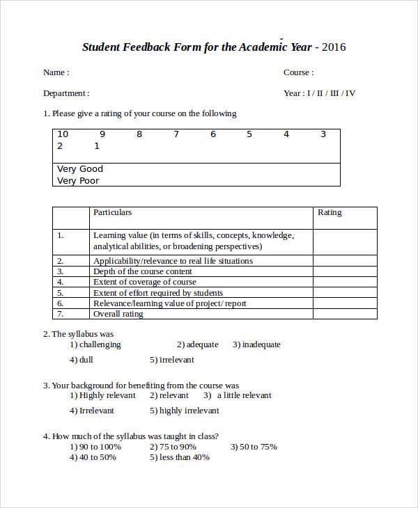 sample students feedback form