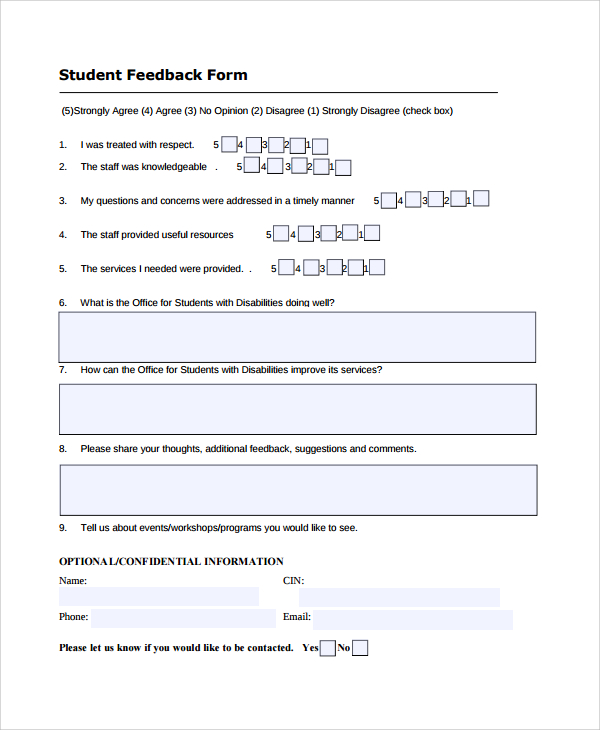 student feedback form example