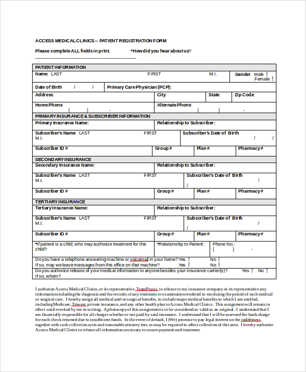 standard patient registration form
