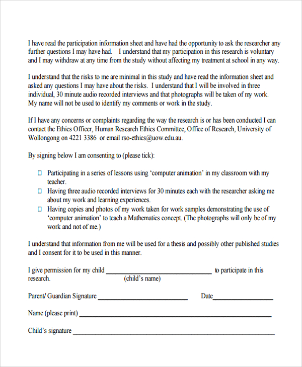 consent survey form for children