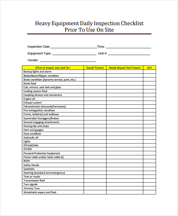 Vehicle Equipment Checklist Template HQ Printable Documents