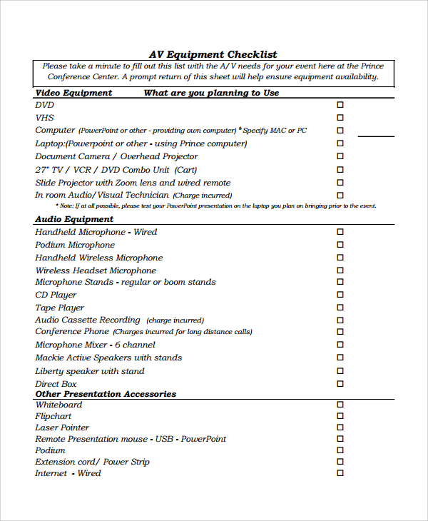 sample equipment checklist template