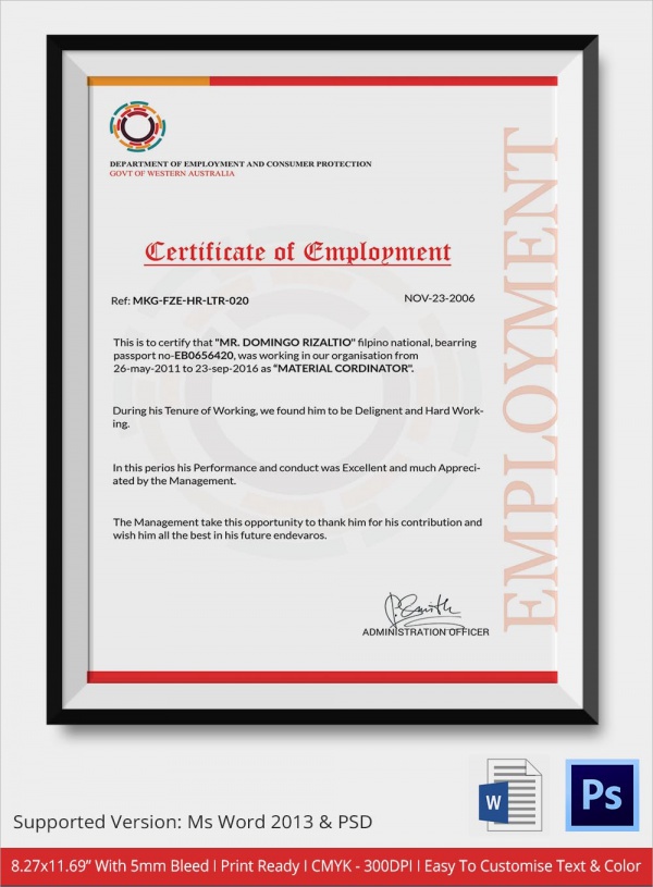 Certificate of employment template