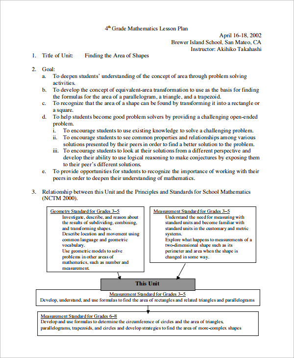 Free Sample Math Lesson Plan Templates In Pdf Ms Word