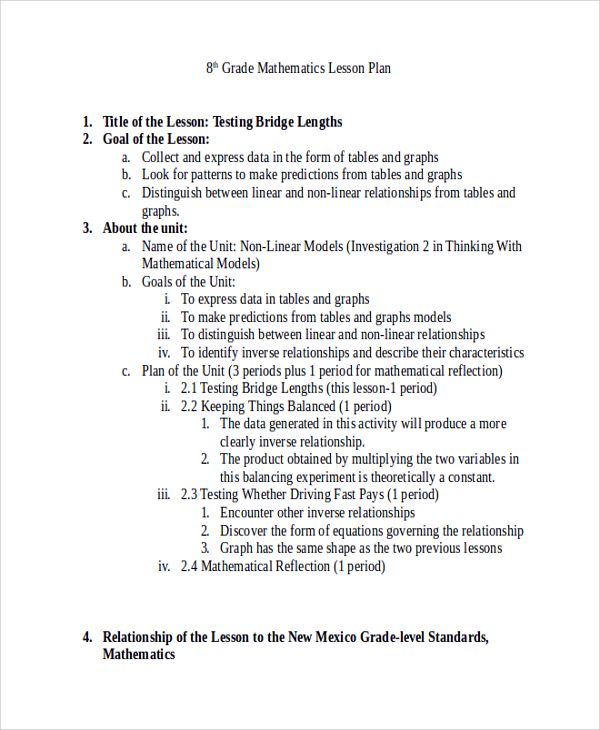 8th grade math lesson plan template