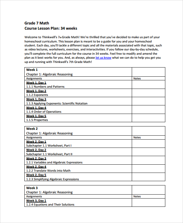 math course lesson plan template