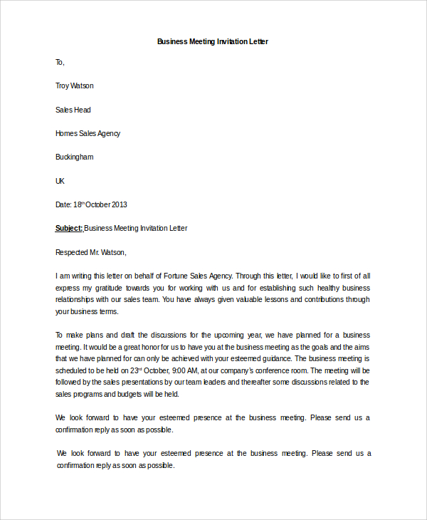 business agency meeting invitation letter