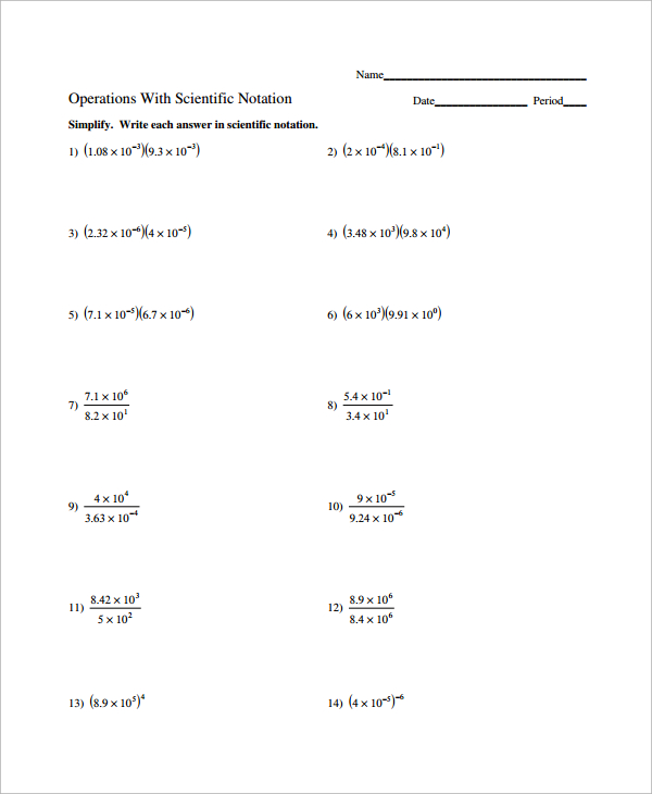 Scientific Notation Operations Worksheet