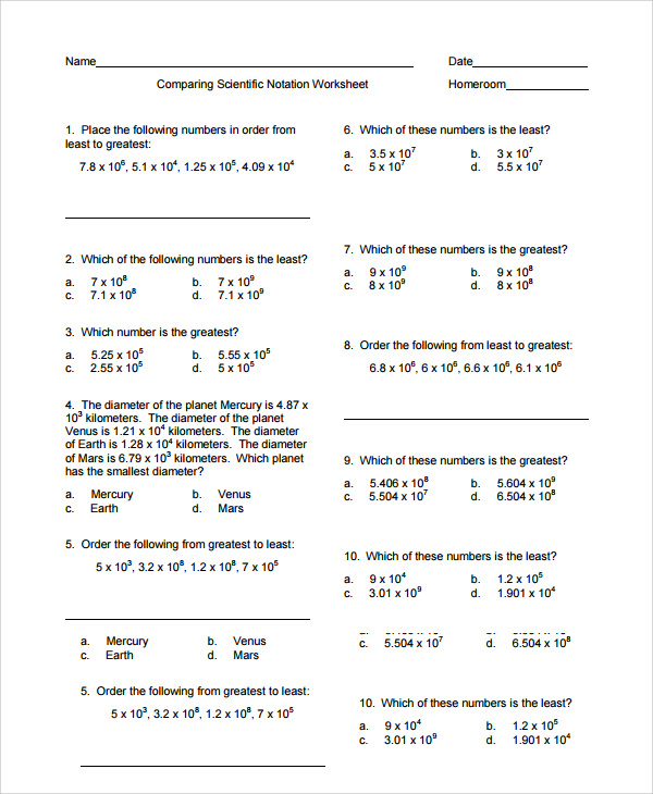 comparing scientific notation worksheet