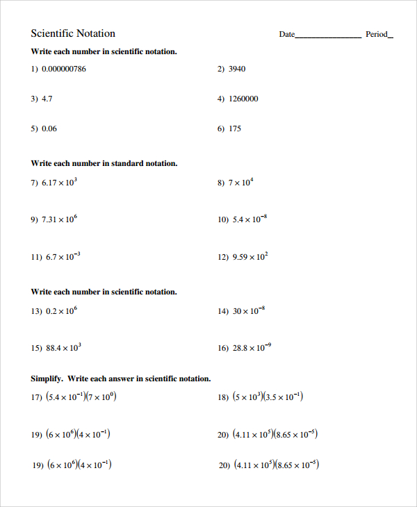Scientific Notation Printable Worksheet
