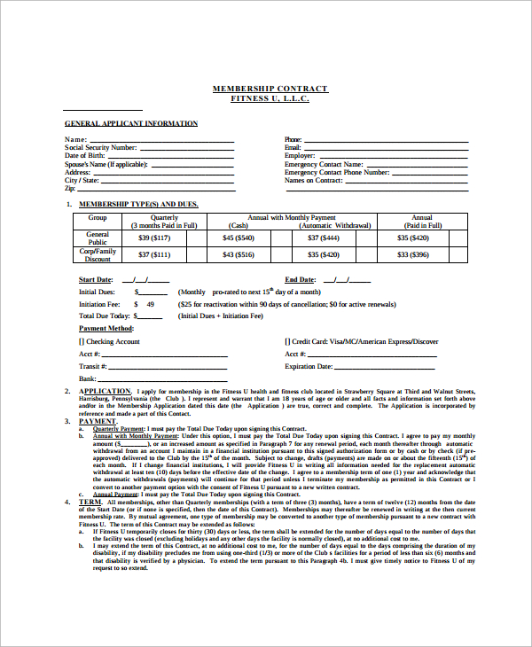 fitness industry membership contract template