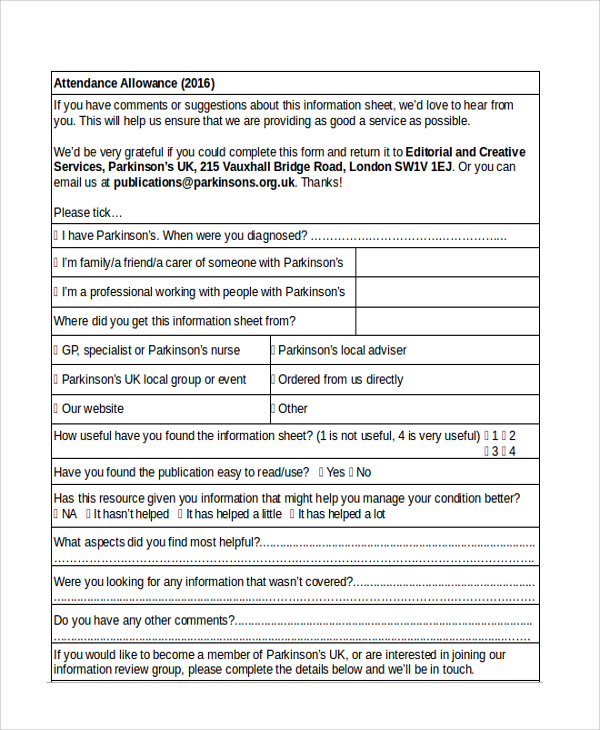 7+ Attendance Allowance Forms Sample Templates