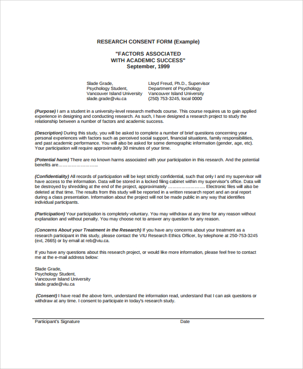 research participant sample consent form for research