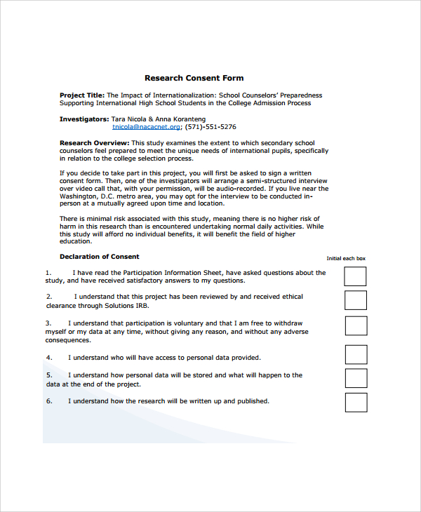 research participant sample consent form for research