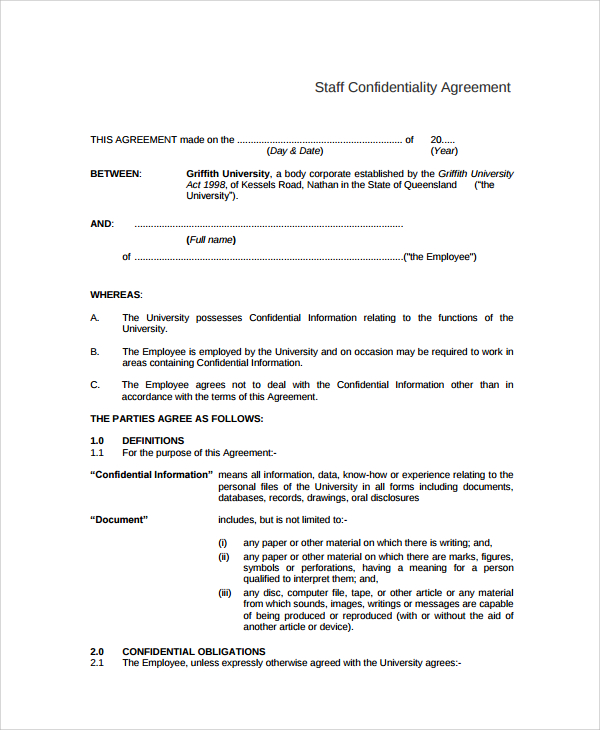 university staff confidentiality agreement