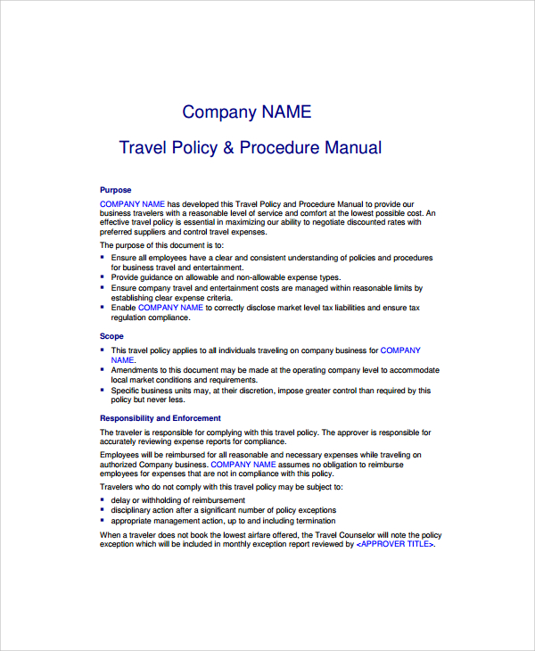 FREE 9+ Sample Travel Policy Templates in MS Word PDF