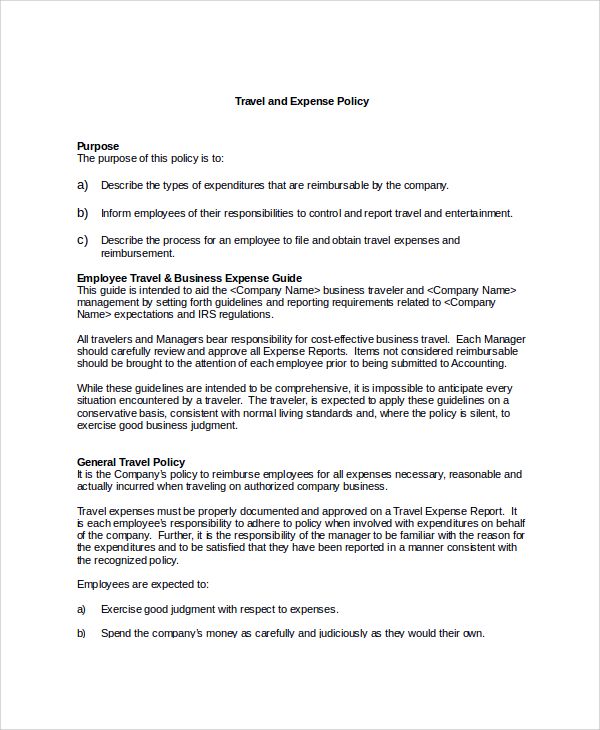 FREE 9  Sample Travel Policy Templates in MS Word PDF