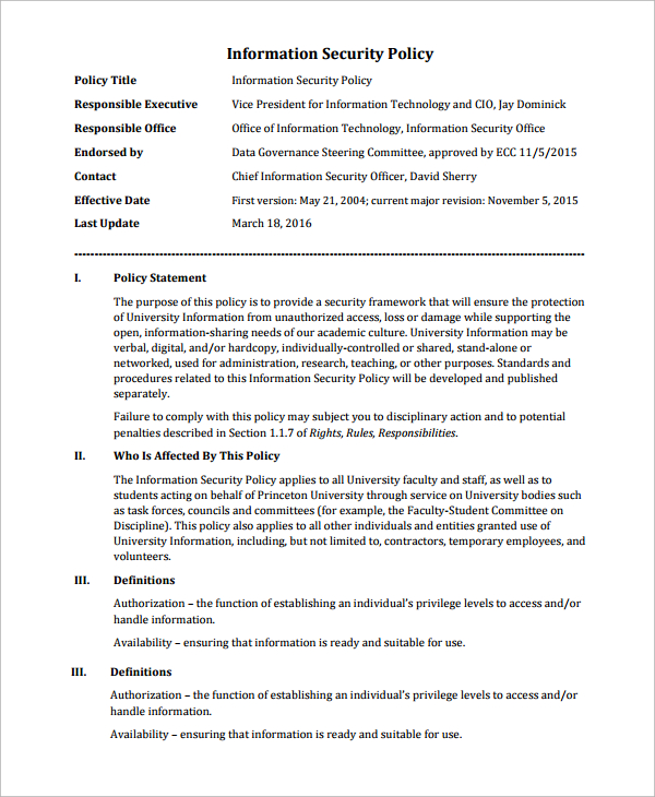 Information Security Policy Template Small Business