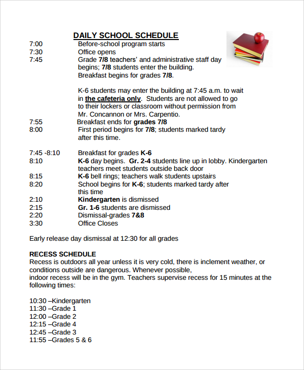 daily school schedule template
