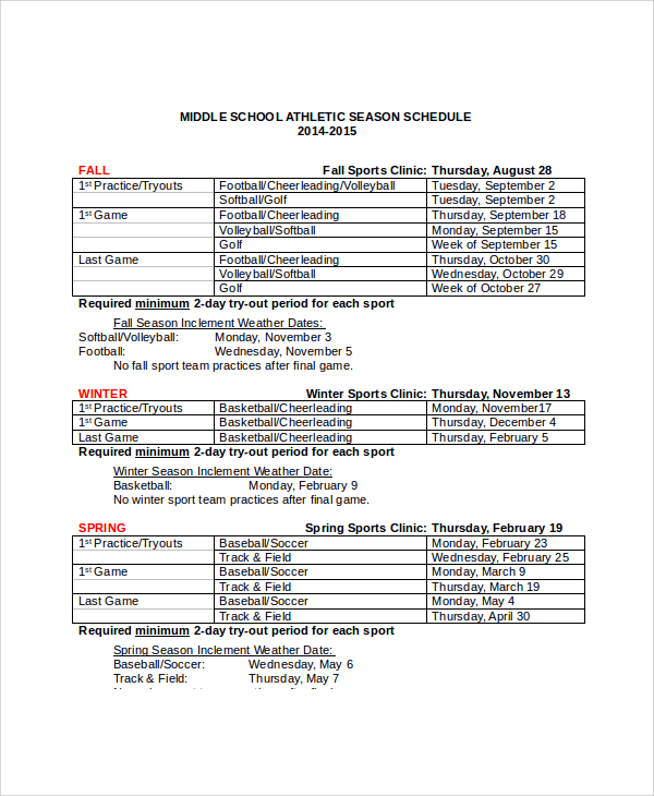 school sports schedule template