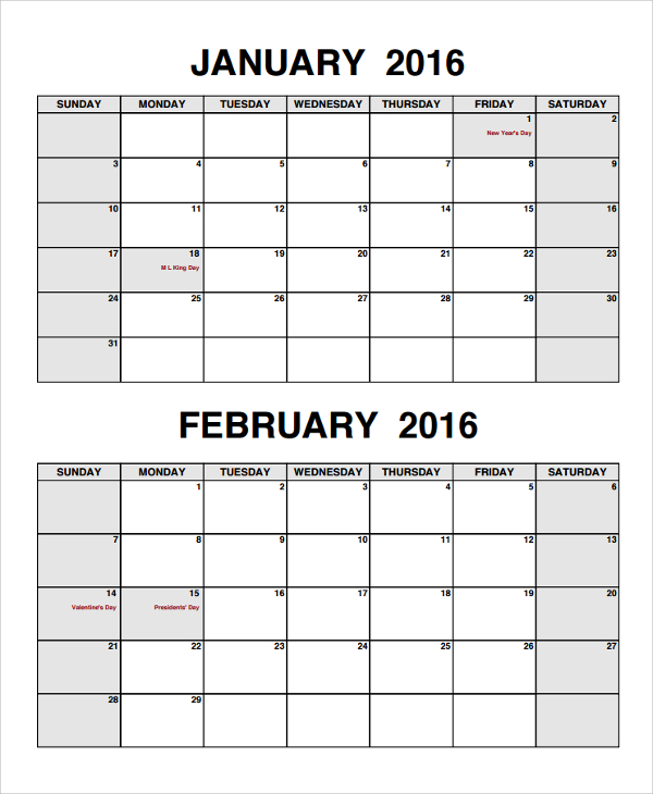 monthly calendar templates