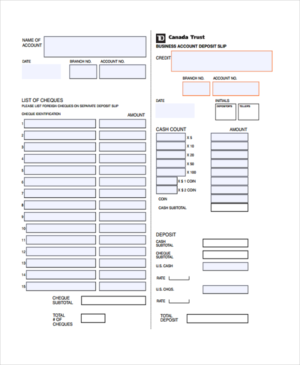 quickbooks deposit slip template excel