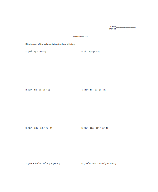 long division polynomials worksheet