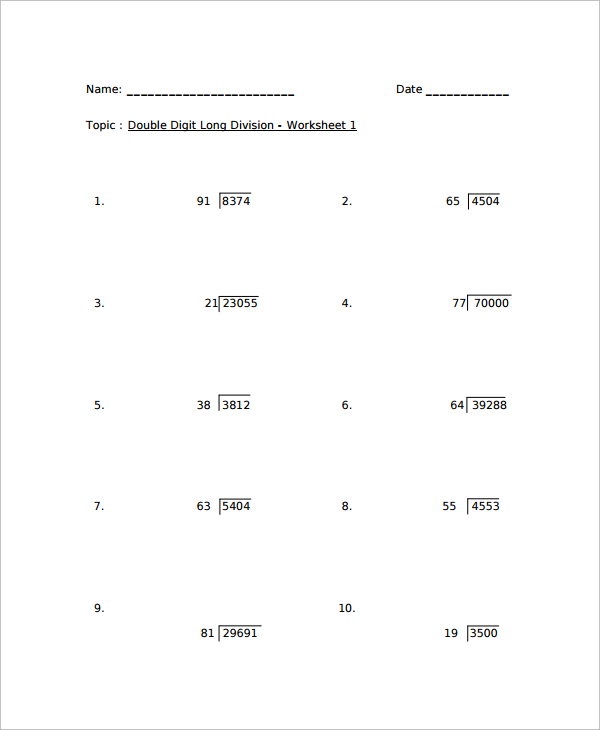 double digit long division worksheet