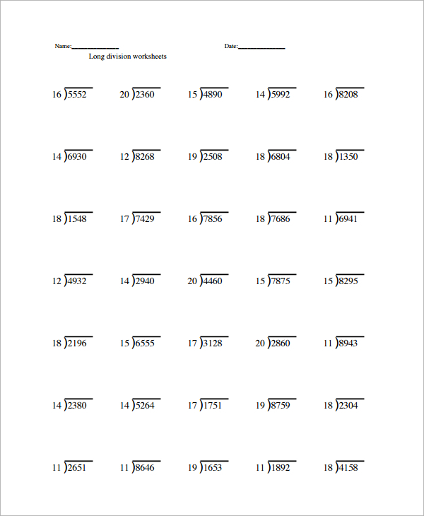 Printable Long Division Worksheets