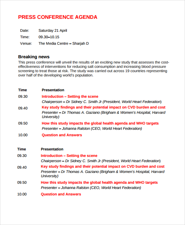 Free Sample Conference Agenda Templates In Pdf Ms Word