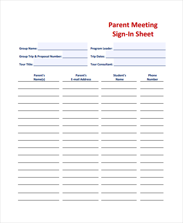 parent student meeting sign in sheet