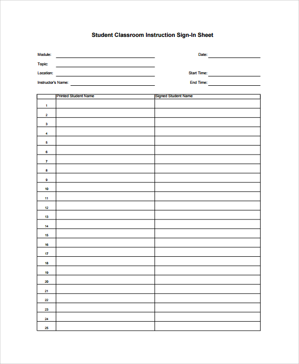 student classroom sign in sheet