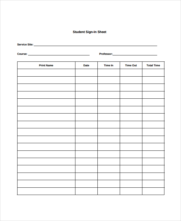 kindergarten student sign in sheet