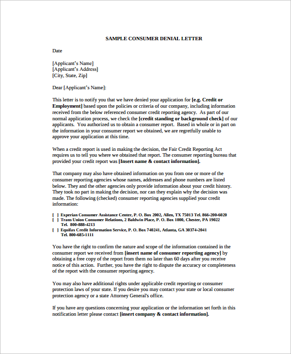 consumer denial letter