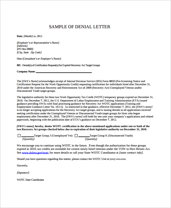 Sample Letter Of Credit Denial