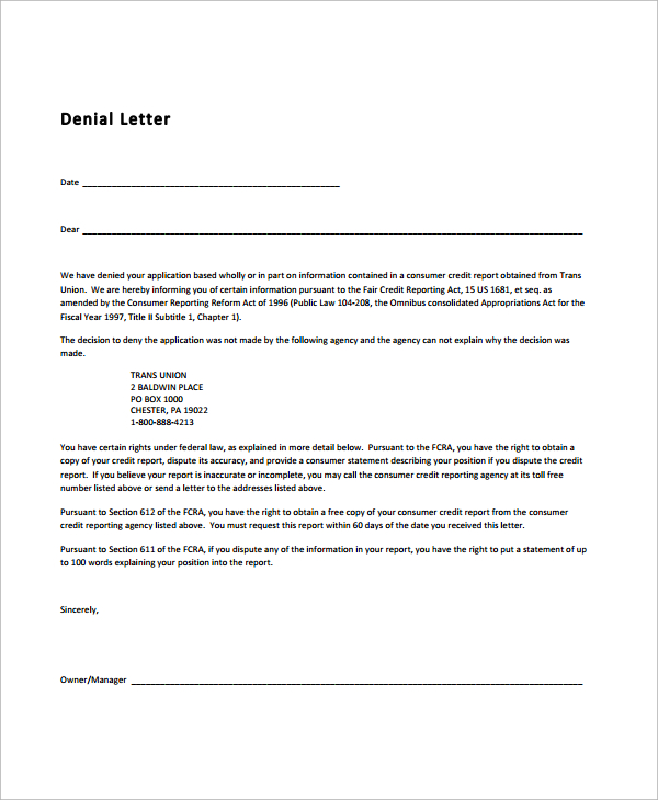 Free 12 Sample Denial Letter Templates In Ms Word Pdf 0131