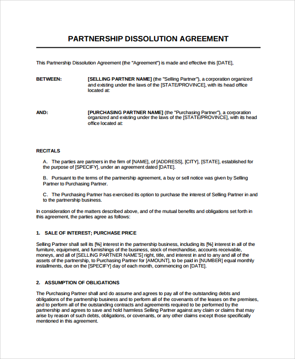 Free 7 Sample Partnership Dissolution Agreement Templates In Pdf Ms Word