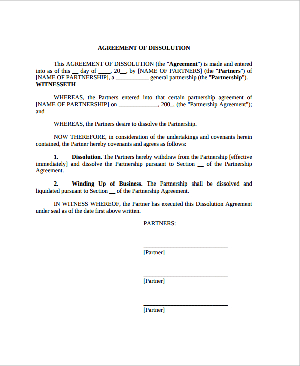 FREE 7  Sample Partnership Dissolution Agreement Templates in PDF MS Word