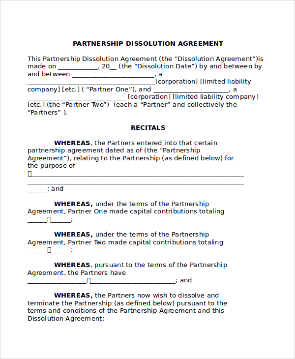 FREE 7+ Sample Partnership Dissolution Agreement Templates in PDF MS Word