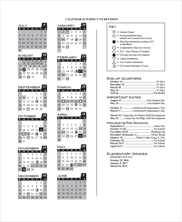 elementary teacher calendar template