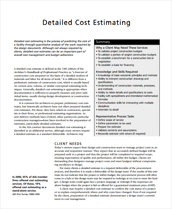 engineering cost estimate template