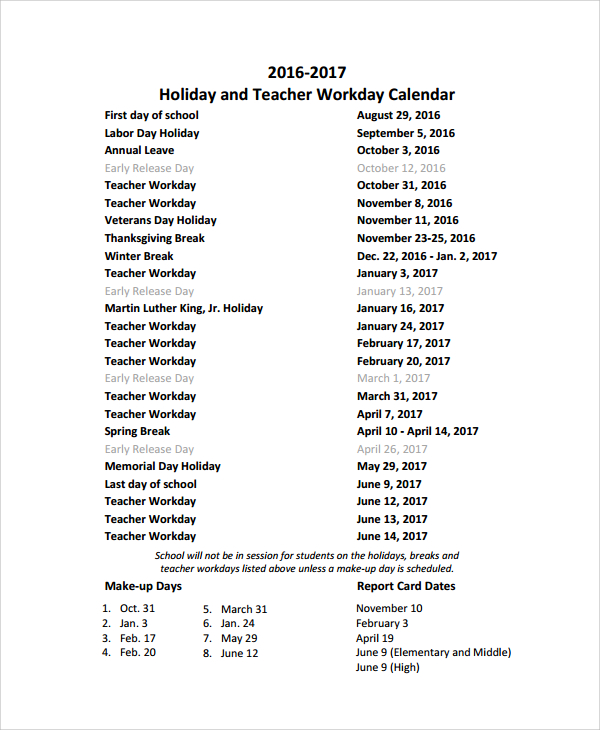 FREE 9 Sample Teacher Calendar Templates In PDF MS Word